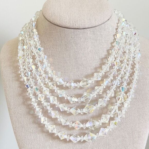 Estate Jewelry - Vintage Clear Aurora Borealis AB Crystal Graduated 5 Row Multi Strand Necklace